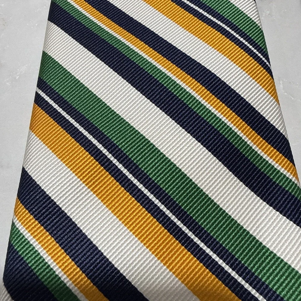 Robert Talbott Silk Repp Tie Ivory Navy‎ Green Gold Regimental Stripe 58 x 3.25
